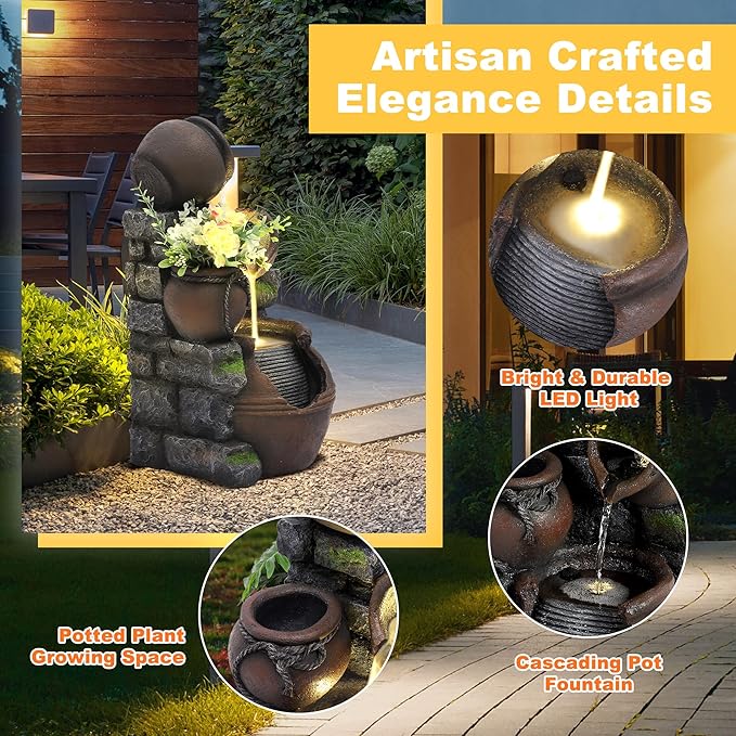 4 Cascading Jugs Outdoor Fountain and Waterfalls, 3 Tiered Resin Pitchers Pot Floor Standing Water Fountain with Led Lights Pump, Soothing Tranquility Water Fountains for Home Garden Yard, 24"H