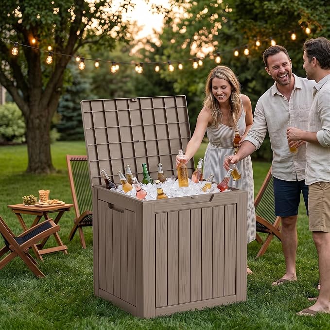 35 Gallon Deck Box Outdoor Waterproof, Resin Storage Box Outdoor Lockable, Multipurpose Outside Container for Patio Cushions, Garden Tools & Package Drop, UV & Fade Resistant Gray Brown