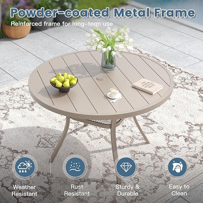 DIFY 7 Pieces Outdoor Patio Dining Set for 6, 47.2" Sandshell Round Dining Table and 6 Sandshell Stackable Sling Dining Chairs, Metal Outdoor Table and Chairs for Lawn Garden Backyard Deck