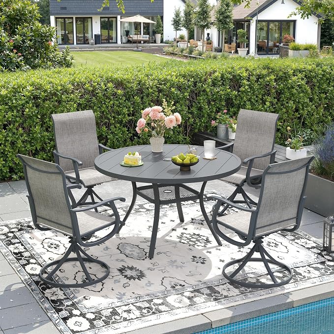 DIFY 5 Pieces Outdoor Patio Dining Set, 4 Grey Textilene Swivel Dining Chairs and 40.6" Grey Round Dining Table, Metal Outdoor Table and Chairs