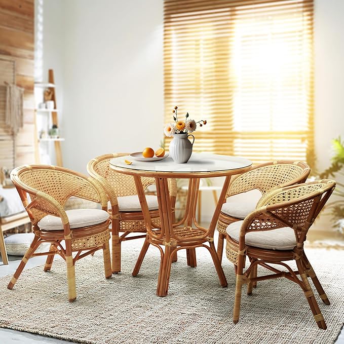 3 Pcs Pelangi Rattan Wicker Dining Set Round Table Glass Top and 2 Arm Chairs with Cream Cushion, Colonial Color