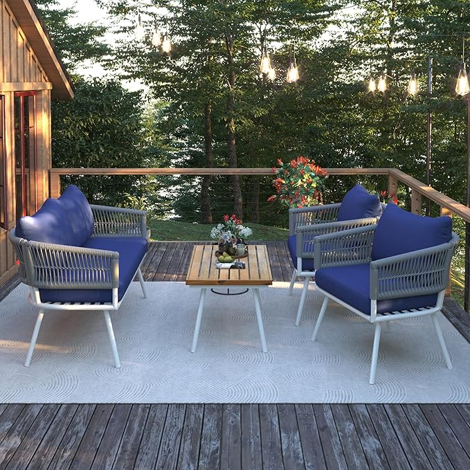 GOWE 4-Piece Boho Rope Patio Furniture Set, Outdoor Furniture with Acacia Wood Table, Patio Conversation Set with Deep Seating & Thick Cushion for Backyard Porch Balcony, Navy Blue