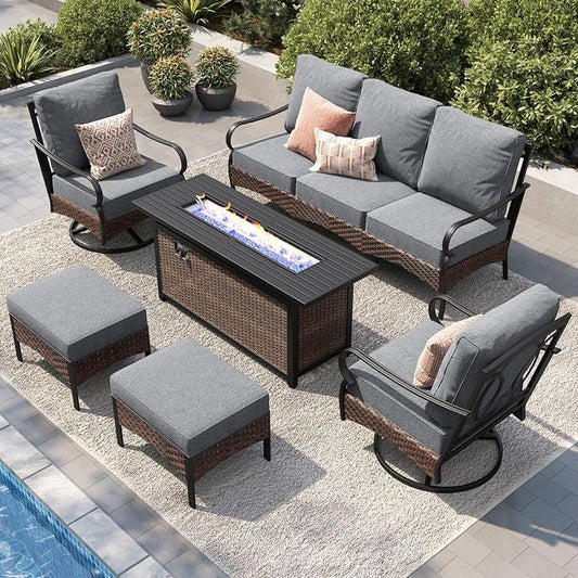 PHI VILLA Patio Furniture Set with 56" Fire Pit Table, Metal Frame Outdoor Conversation Sets, Wicker Patio Sectional Swivel Chairs with Ottomans for Porch, Deck, Poolside(6 Pieces, Grey)