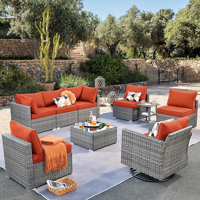 ovios Outdoor 9 Piece Coversation Set with Swivel Rocking Chair,Sectional Patio Furniture Set with All-Weather Wicker Sofa,Modern Outside Couch for Balcony Backyard Pool, Orange
