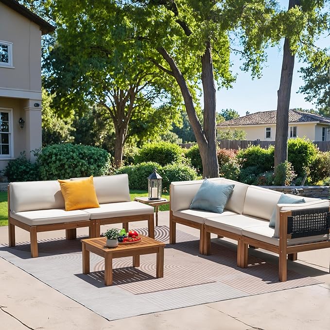 Greesum 6 Piece Outdoor Acacia Sofa Waterproof Cushions and Table, Padded Patio Conversation and Chairs Set for Garden, Backyard, Poolside, Beige