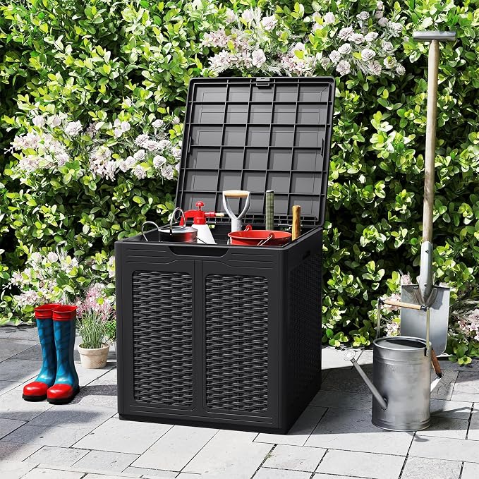 Giantex 39 Gallon Outdoor Storage Box, PP Deck Container with Rattan Patterns & Lockable Lid, Patio Plastic Storage Bin for Package Delivery, Garden Tools, Patio Cushions (39 Gal,Black)