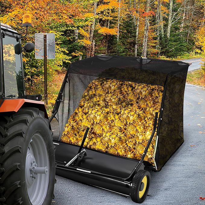 Garvee 44" Tow-Behind Lawn Sweeper – 26 cu.ft. Large-Capacity Pull-Behind Grass & Leaf Collector, Heavy-Duty Adjustable Height, Dumping Rope Design for Easy Debris Disposal, Fits Tractors & ATVs