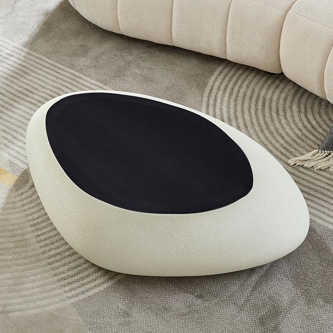 47" Modern Coffee Table Faux Stone Coffee Table Unique Rock Center Tables Round Edge Design Accent Tables for Living Room Office Apartment No Assembly,Fiberglass, Cream White