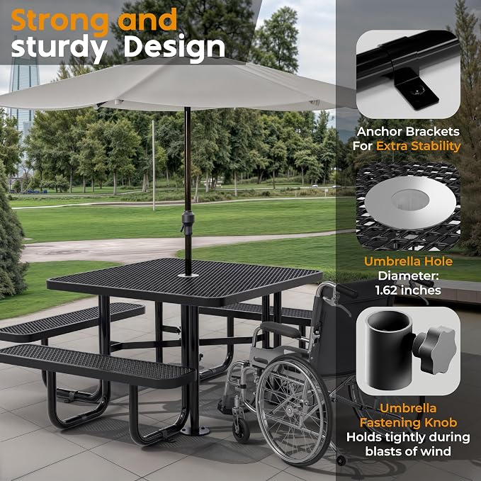 Metal Picnic Tables for Outdoors with Umbrella Hole - Coated Steel Heavy Duty Commercial Grade Furniture (Black, 46 in, Square, Expanded Steel)