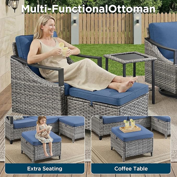 9 Piece Outdoor Patio Furniture Sets-High Back Wicker Swivel Rocker Patio Chairs Set of 4 with Thick Cushions Ottomans, Outdoor Sofa, Patio Conversation Sets for Porch Balcony Patio Deck Grey/Blue
