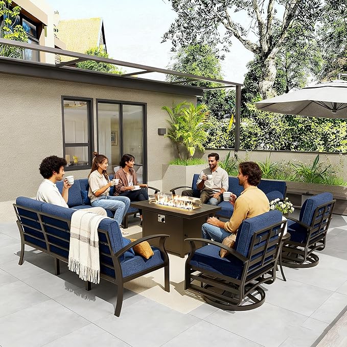 Gotland Outdoor Aluminum Patio Furniture Set with Fire Pit Table, 13 Pieces Metal Patio Furniture with 2 Swivel Rocking Chairs 11 Seats Waterproof 5.1'' Seat Cushions, for Garden Balcony Porch Navy