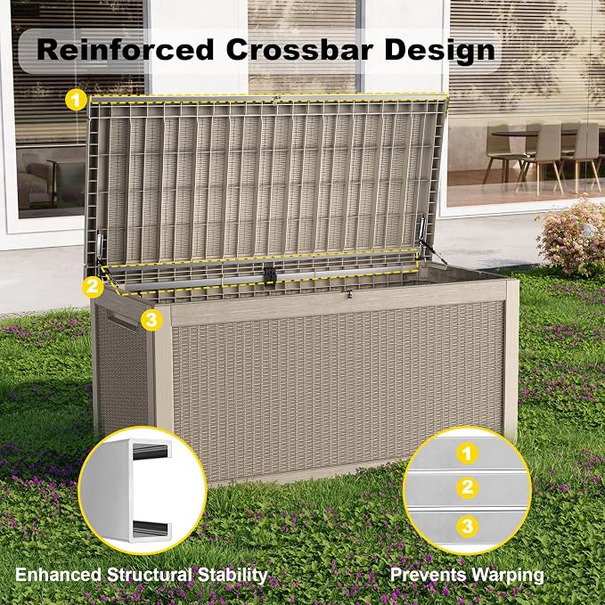 Outdoor Waterproof Resin Storage Deck Box Lockable Outside Bench UV Resistant Bin Patio Porch Furniture Pool Float Garden Tool Cushion (Grey, 320 Gallon)