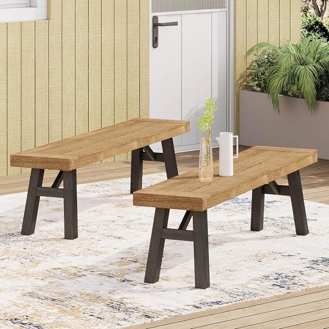 70.5'' Outdoor Patio Dining Table & 2 Bench for 4, Acacia Wood Farmhouse Dining Table Set Outdoor & Indoor Furniture for Patio Porch Garden, H-Shaped Base, 3-Pcs, Light Brown