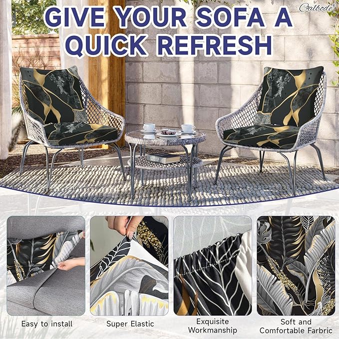 CALBODE 12 Pcs Stretch Outdoor Seat Cushion Covers, Botanical Chair Seat Cover for Patio Furniture Cushions Washable Reusable Indoor and Outdoor Couch Cover Replacement (Black&Gold Leaves, Cover Only)