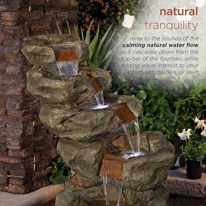 Alpine Corporation TZL106 48" Rock Waterfall Fountain with LED Lights - Outdoor Floor Water Feature for Garden, Patio, and Backyard Decoration, Gray