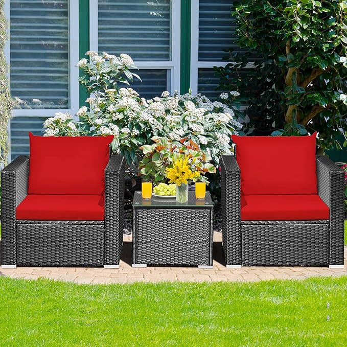 HAPPYGRILL 3 Piece Patio Furniture Set Rattan Wicker Patio Conversation Set with Coffee Table and Cushions Outdoor Sofa Set for Garden Balcony Porch Poolside
