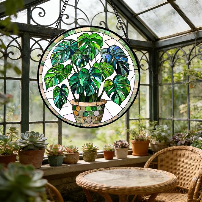 DASTOLL Stained Glass Window Hanging, Green Plant Monstera t Suncatcher Diamond Colorful Glass Panel Sun Catchers Decor for Birthday for Women, Men, Wife, Aunt, and Mom 7.8 in