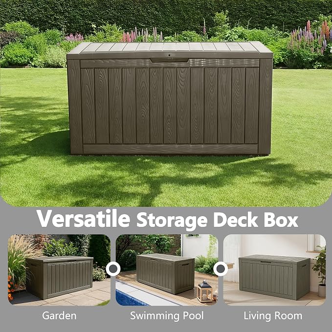 KAMABOKO 110 Gallon Waterproof Large Resin Deck Box, Lockable Large Outdoor Storage Box Indoor Outdoor Storage Container for Patio Cushions, Gardening Tools, Pool Supplies, Grey