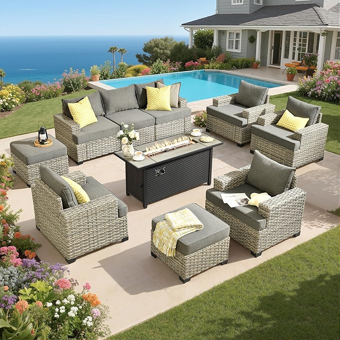 Rattan Patio Furniture Set with Fire Pit,10 Pieces Outdoor Sectional with Single Chair Ottoman,Out Door Furniture Conversation Set,Dark Grey