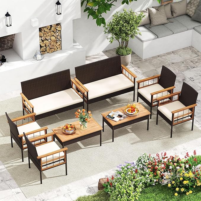 Tangkula 8 Pieces Wicker Patio Conversation Furniture Set, Outdoor Rattan Cushioned Armchairs & Coffee Table Set with Acacia Wood Tabletop for Backyard, Porch, Balcony