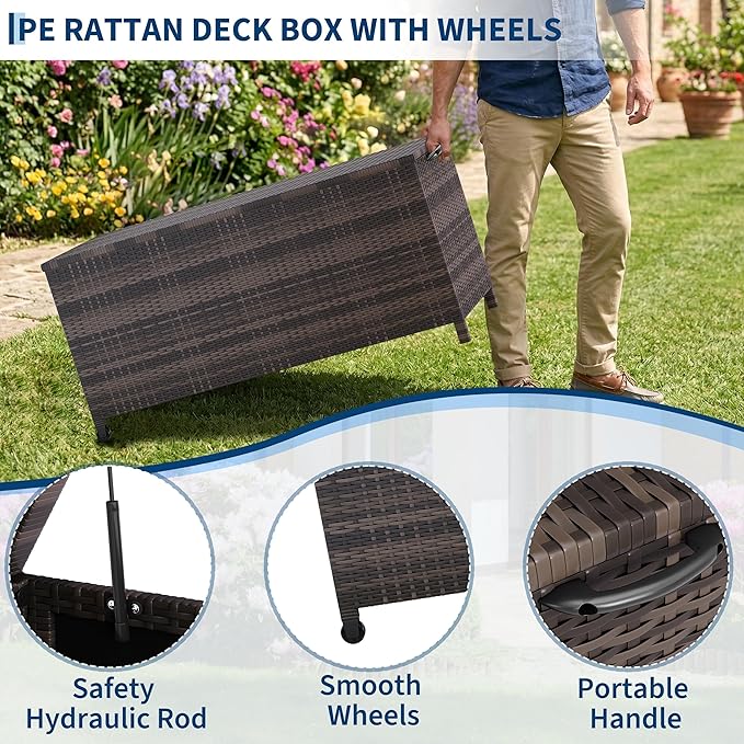 125-Gallon Outdoor Deck Box with Wheels, Waterproof PE Rattan & Aluminum Frame Storage Bin, Lockable Patio Furniture Chest for Cushions, Garden Tools, Pool Toys, Brown
