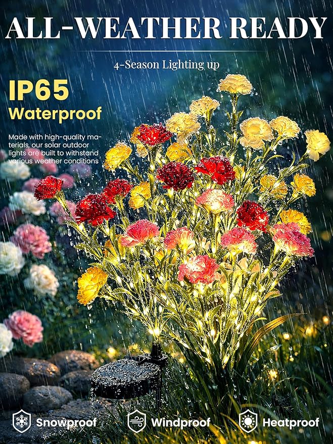 GIGALUMI Solar Lights Outdoor for Garden Decor, 4 Pack Solar Flower Lights Waterproof, 2 Lighting Modes 28 Carnations for Pathway,Yard, Patio Decoration, Gardening Gifts for Women (Multi-Colored)