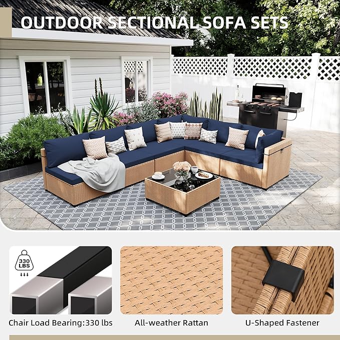 UPHA 9 Pieces Patio Furniture Sets, Wicker Outdoor Sectional Sofa Couch with Rectangle Propane Pit for Deck Backyard Garden, Beige Rattan, Navy Blue Cushion