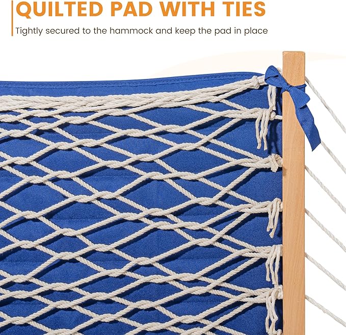 Lazy Daze Hammocks Rope Hammock with Pad, Spreader Bar, Carabiners, Tree Straps, Chains for Outside Patio- Max 450 Lbs, Beach Stripes