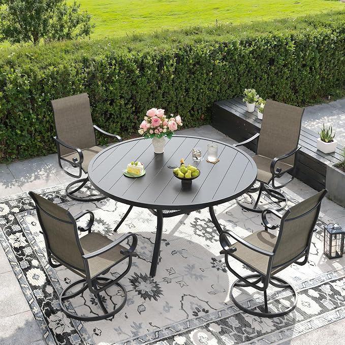 DIFY 5 Pieces Outdoor Dining Set for 4, Outdoor Furniture Set of 4 Brown Textilene Swivel Patio Chairs, 47.2" Black Round Metal Dining Table with Umbrella Hole for Garden Deck Backyard