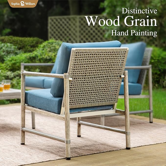 Sophia & William 6-Piece Outdoor Wicker Patio Conversation Set, 3-Seat Sofa, 4 Fixed Sofa Chairs, 31" Coffee Table, All-Weather Rattan Patio Furniture for Porch, Poolside