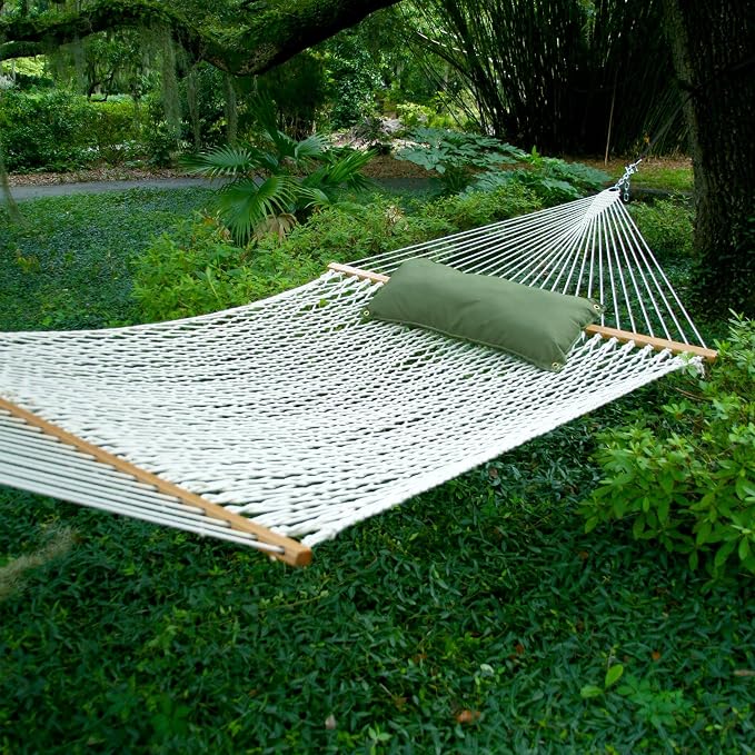 Original Pawleys Island Deluxe White DuraCord Rope Hammock – 13 ft. x 60 in., 2-Person, 450 lb Capacity, Oak Spreader Bar, Zinc-Plated Hardware, Handcrafted in the USA