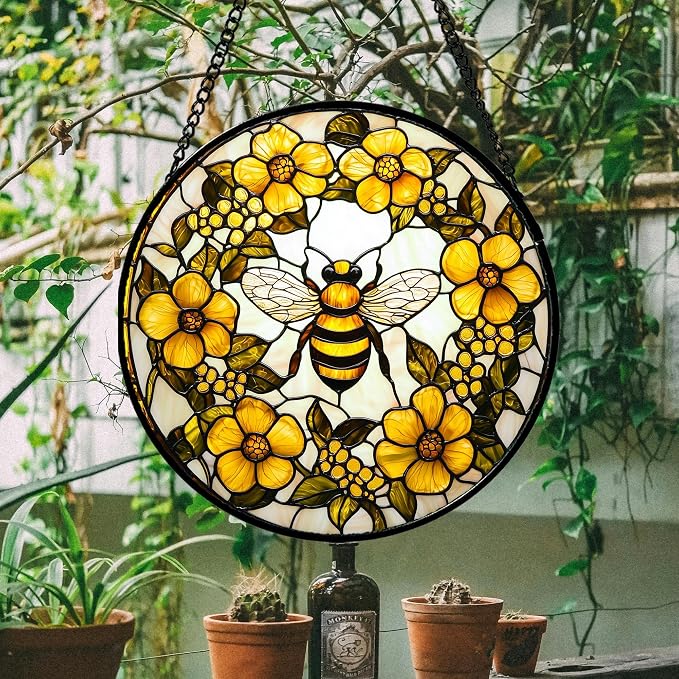 Stained Glass Window Hanging - Yellow Flowers Surrounded by Bees Sun Catcher for Door Garden Home Decor Cute Suncatcher Christmas Mother's Day Birthday Gifts for Women Men Mom Nana 6.3 in