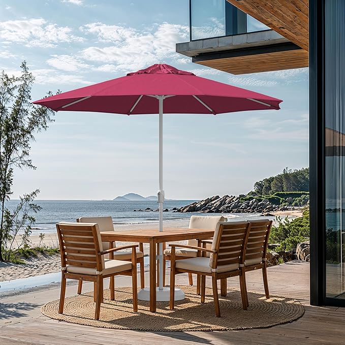 California Umbrella 12-Year Protection 9-Ft Outdoor Patio Umbrella, Sunbrella Fade-Resistant Fabric, Auto-Tilt, Heavy Duty Aluminum Frame, 8 Reinforced Ribs for Pool or Deck, White Pole, Hot Pink