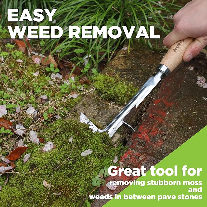 WORKPRO Crack Weeder, 12" Stainless Steel Crevice Weeding Tool with Beech Wood Handle, L-Shaped Side-Walk Weed Puller Spatula, for Garden Lawn Yard Patio Terrace Paving Moss, Small Gardening Tool