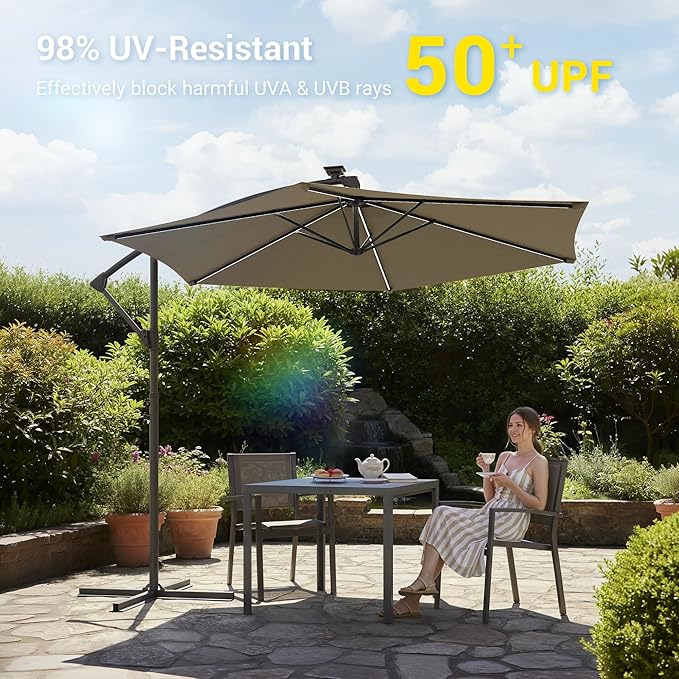 10ft Offset Patio Umbrella with Solar Light Strips,Outdoor Cantilever Hanging Umbrella with Cross Base, Fade Resistant Recycled Fabric, for Pool, Deck, Garden,Backyard,