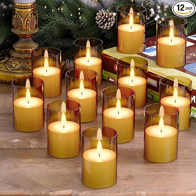VIODAIM 12Pack Flickering Flameless LED Candles with Timer, Battery Powered - Small Pillar & Votive, Acrylic Made, Gold (2"X3")