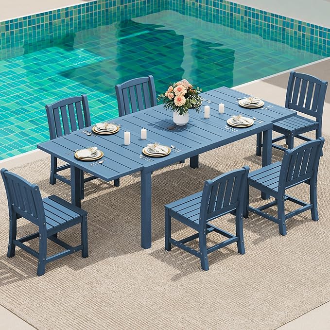 SERWALL 7-Piece Outdoor Dining Set, 60" - 83" Expandable Outdoor Dining Table and 6 HDPE Chairs, All Weather HDPE Outdoor Furniture Set for Backyard, Garden, Blue