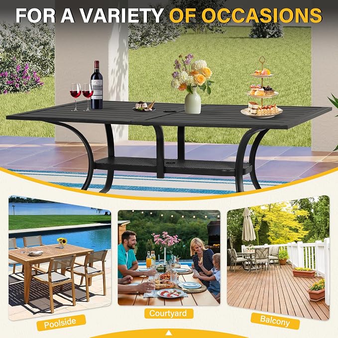 Betterland Patio Rectangular Dining Table 60" x 37" Outdoor Metal Steel Frame & Slat Tabletop with 1.57" Umbrella Hole for 6-8 Person, Classic Black