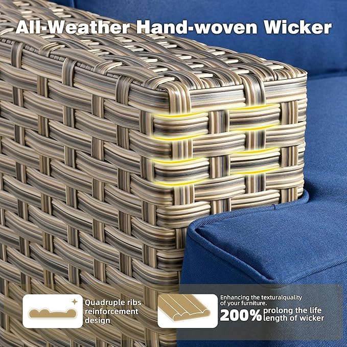 15-Piece Outdoor Sectional Sofa Set w/ 54" Fire Pit – L-Shaped Wicker Patio Furniture, Deep Seating & Swivel Rockers, Blue