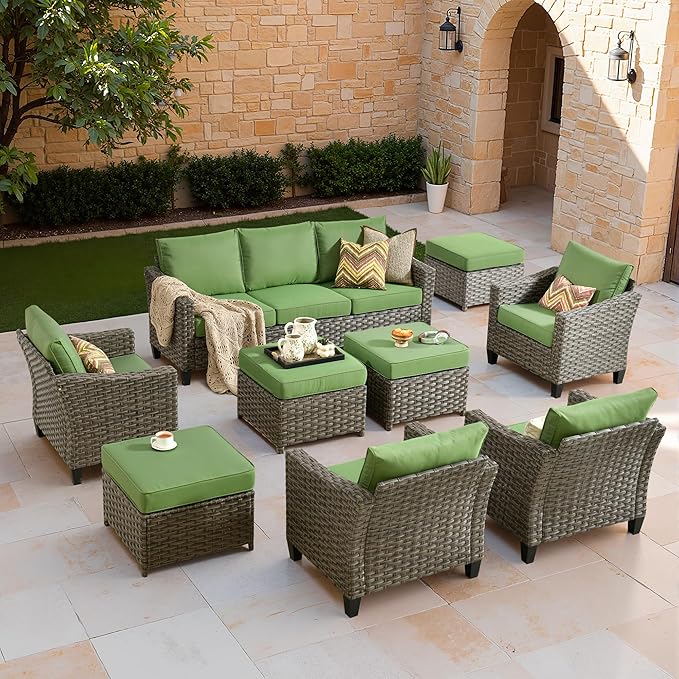 Patio Furniture Set, 7 Pieces Outdoor Wicker Rattan Sofa Couch with 4 Chairs, Ottomans and Comfy Cushions, All Weather High Back Conversation Set Garden Backyard, Brown Rattan Green Cushions