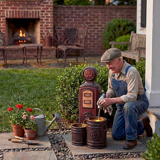 20-Inch Outdoor Water Fountain, 3-Tier Outdoor & Indoor Vintage Gas Pump Statue Resin Waterfall Fountain with 2 LED Lights, Home Decor for Patio, Garden, Backyard, Deck, Lawn, Porch in Red