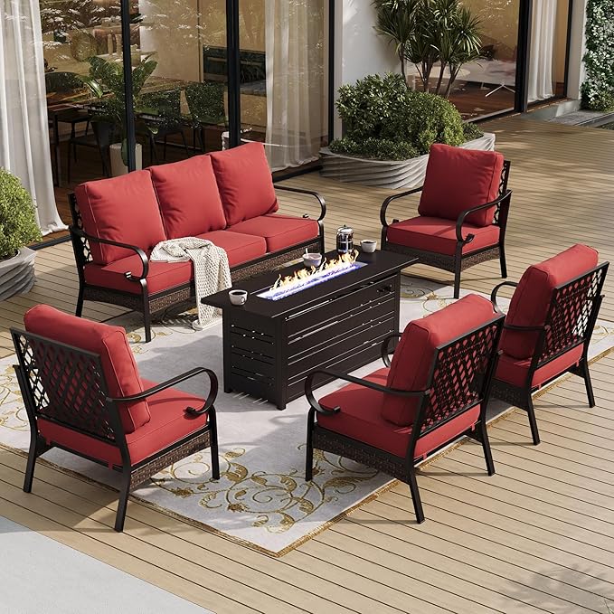 6 Piece Metal Outdoor Patio Furniture Sets with Firepit Table, Patio Conversation Sets 1 3-Seater Sofa, 4 Single Sofa with 5.75" Extra Cushion Backyard Furniture for Deck, Rust Red