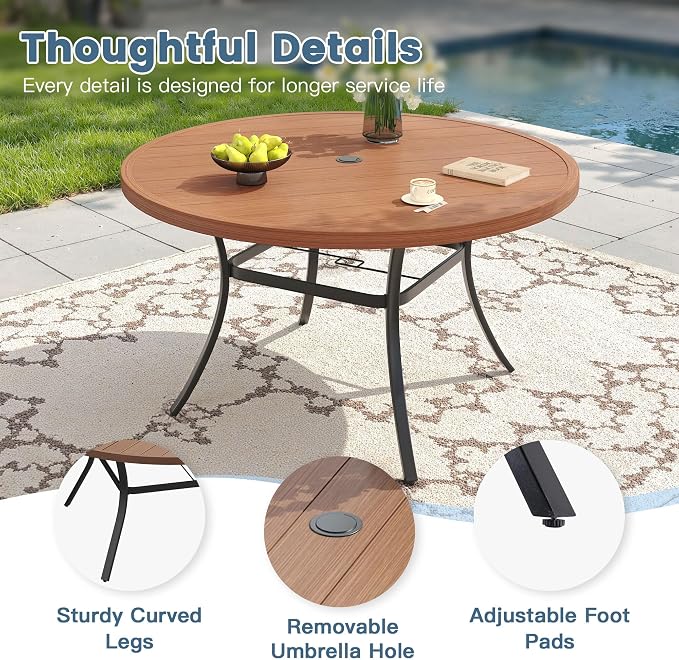 DIFY Patio Dining Set for 6, 7 Piece Outdoor Table and Chairs Set, 50" Walnut Round Metal Patio Dining Table and 6 Brown Textilene Stackable Patio Chairs, for Backyard Garden Poolside