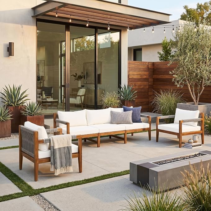 VilroCaz 3-Piece Patio Conversation Set, All Weather Sectional Sofa Set with Acacia Wood Frame and Woven Rope Accents, Outdoor Furniture Set with Cushions for Backyard Deck Poolside (Beige+Rope v)