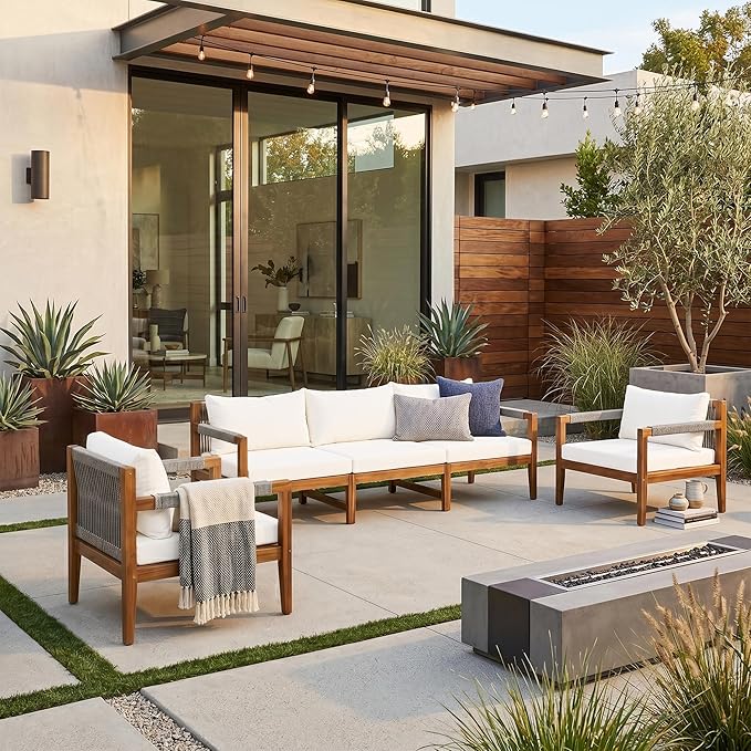 3 Pieces Outdoor Sectional Sofa Set, All Weather Rope Woven Patio Conversation Set with Solid Acacia Wood Frame, Water-Resistant Removable Cushions for Backyard Deck Poolside (Beige-4.19)