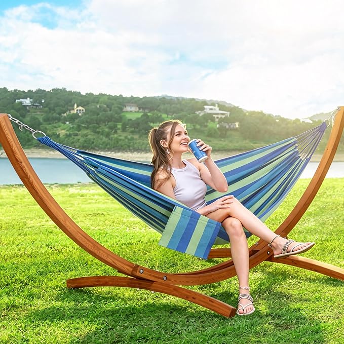 SUNCREAT Hammocks Double Hammock with 10 ft Wooden Stand Included, Outdoor Hammocks for Outside, 475 lbs Capacity, Green
