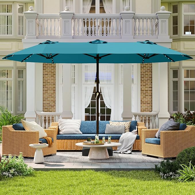 Large Patio Umbrella with Solar Lights and Base, Double-Sided Outdoor Rectangle Umbrella with 48 LED Lights, Market Table Umbrellas with UV Resistant Canopy