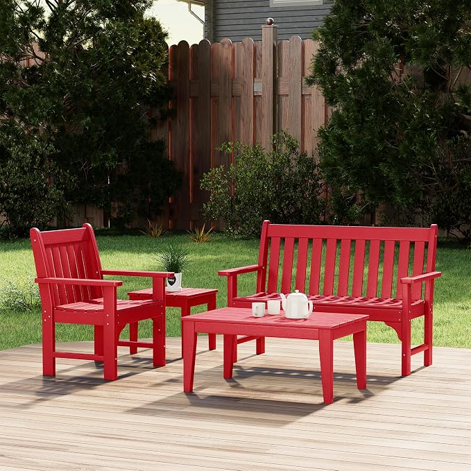 Costaelm Adirondack Outdoor Coffee Table, HDPE Drink Table Weather Resistant, Patio Porch Accent Balcony Table Outdoor End Table for Pool, Seaside, Backyard, Red