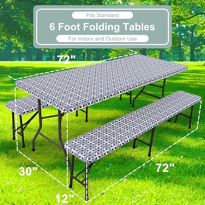 misaya Picnic Table Cover with Bench Cover, Waterproof Elastic Fitted Tablecloth for 6 Foot Tables, Rectangle Washable Polyester Tablecloths for Picnic, Camping, Outdoor (Navy, 30" x 72")