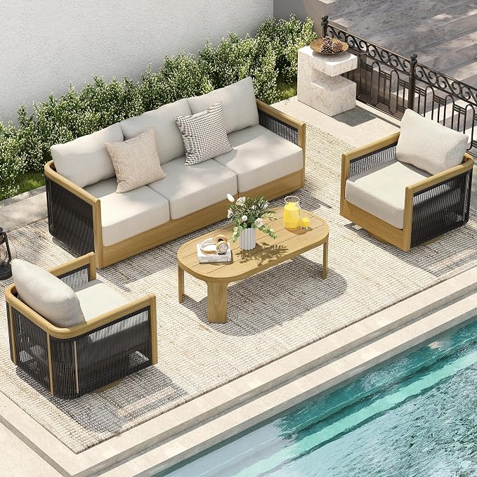 HAPPATIO Aluminum Patio Furniture Set, 4 Pieces Wood-Like Oversized 3-Seat Sofa Conversation Set with Thick Cushion, Swivel Chairs with Curved Tub Design and Woven Rope Accents for Garden, Yard, Pool